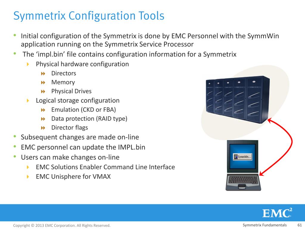 The Symmetrix is configured using a static configuration file called the IMPL.bin.