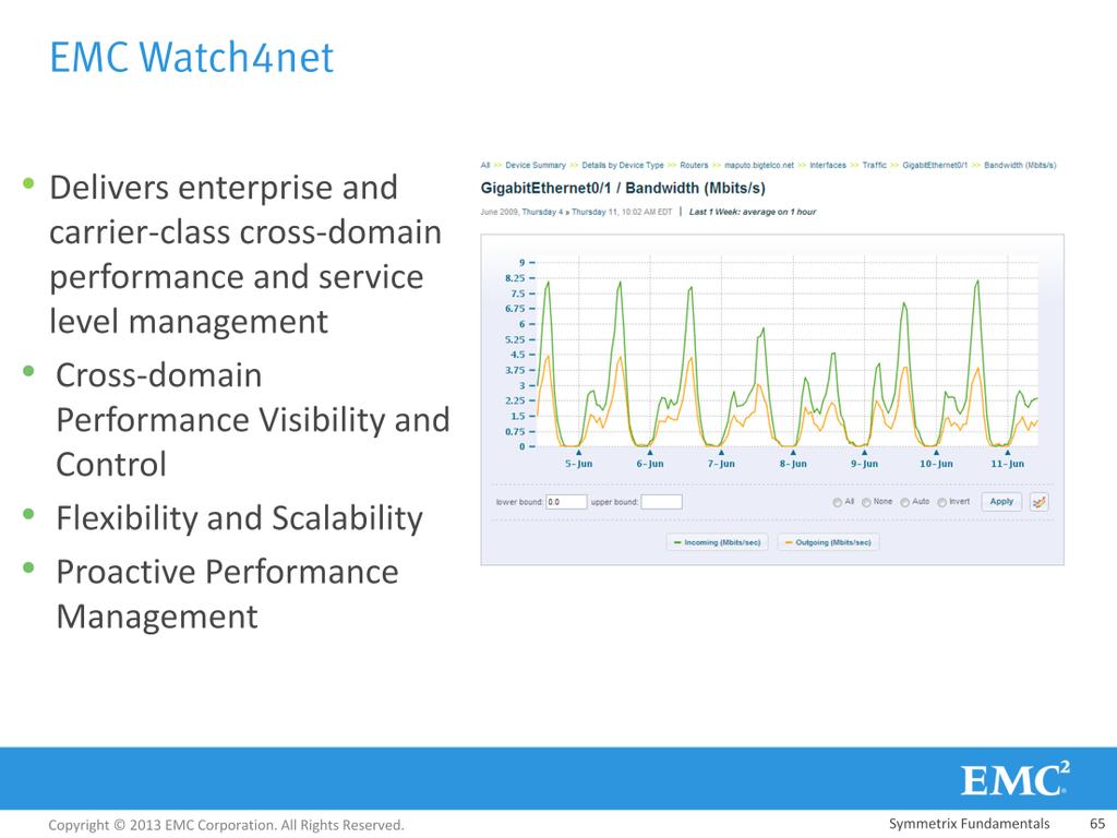 EMC s Watch4net software suite is a carrier-class performance reporting application that provides real-time, historical, and projected visibility into the performance of the Symmetrix local and