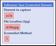 7.1 ExBrowser Save Screenshot Element This command will take a screenshot of the specified element and save it to the disk into a jpg file. Start with Method1. But if the screenshot is not correctly.