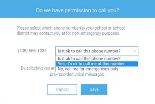 8. You will be prompted to indicate if it is okay for us to contact you on one or more of the phone numbers we have on file for you. Select Yes or No for each number.