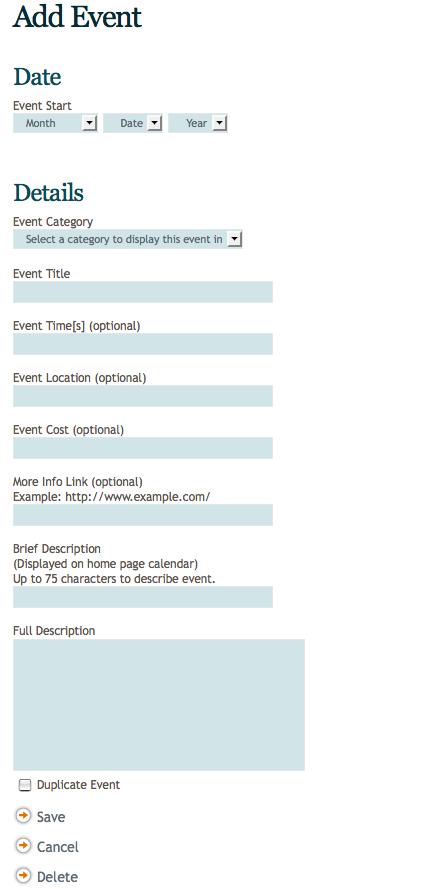 Select and existing event to modify or add a new event.
