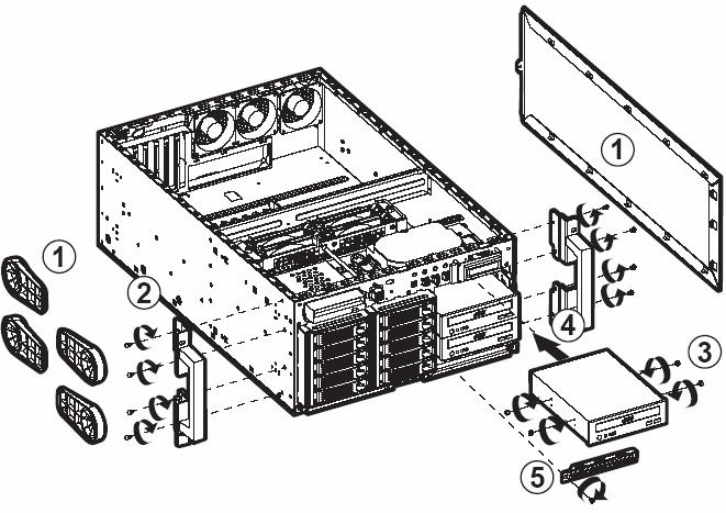 Install with four screws on the both side of chassis to fix rackmount convertible kit 3. Install with four screws to CD-ROM 4.