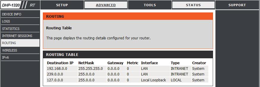 This page displays the routing details
