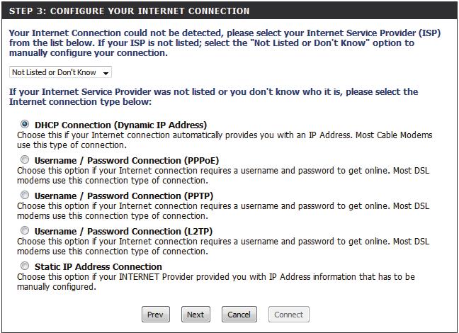 Select the type of Internet connection you use and then click Next to continue.