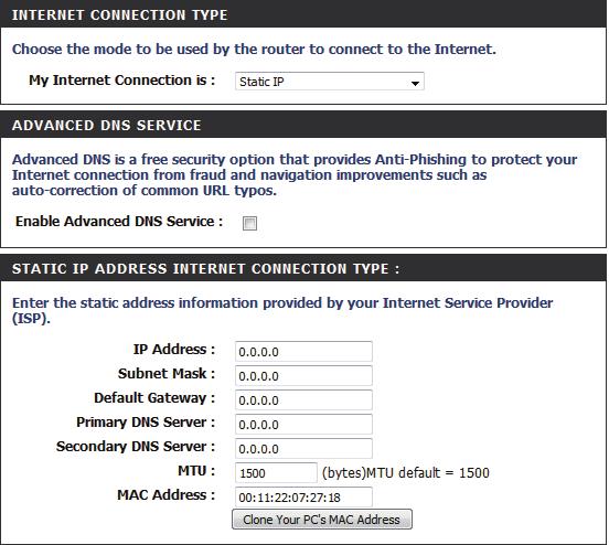 Manual Internet Connection Setup Static IP Select Static IP from the drop-down menu if all the Internet port s IP information is provided to you by your ISP.
