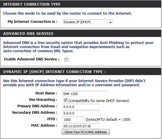 Manual Internet Connection Setup Dynamic IP (DHCP) Select Dynamic IP (DHCP) from the drop-down menu to obtain IP Address information automatically from your ISP.