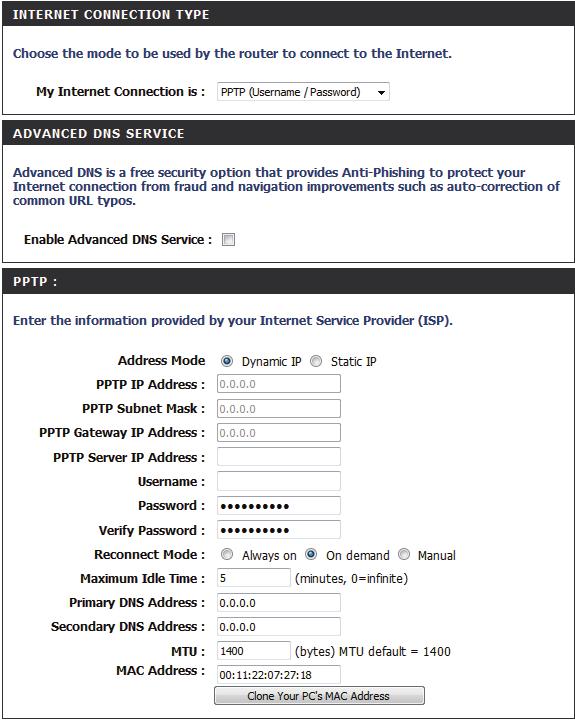 Manual Internet Connection Setup PPTP Select PPTP (Point-to-Point Tunneling Protocol) from the drop-down menu if your ISP uses a PPTP connection.