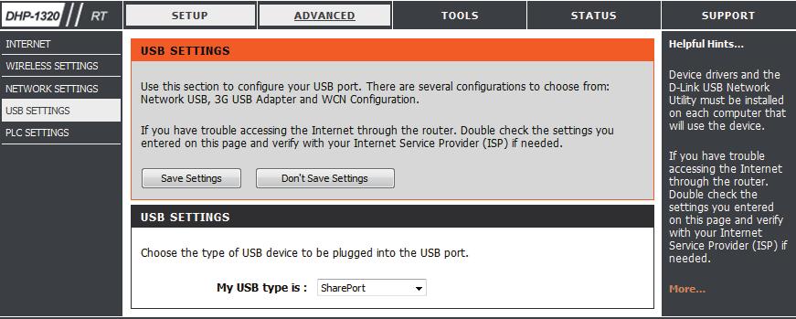 USB Settings In this section you may configure your USB port.
