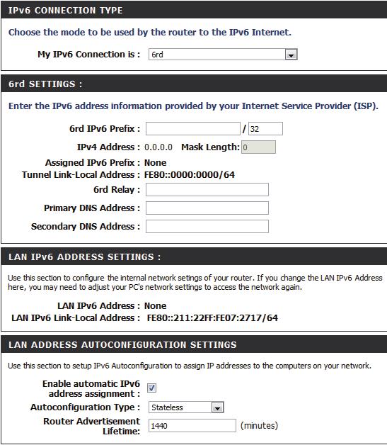 IPv6 6rd My IPv6 Connection: 6rd IPv6 Prefix: LAN IPv6 Address: Select 6rd from the drop-down menu.