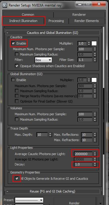 Hit F10 on your keyboard to open up the Render Setup window, and then go to the Indirect Illumination tab. Scroll down until you find the Caustics and Global Illumination (GI) rollout and open it up.