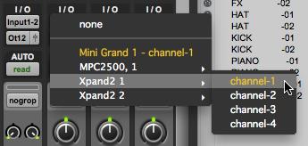 Click and select the same output we assigned to the original instrument track, which was the Xpand2 1 plug in, via MIDI channel 1: Press PLAY and your bass should play back.