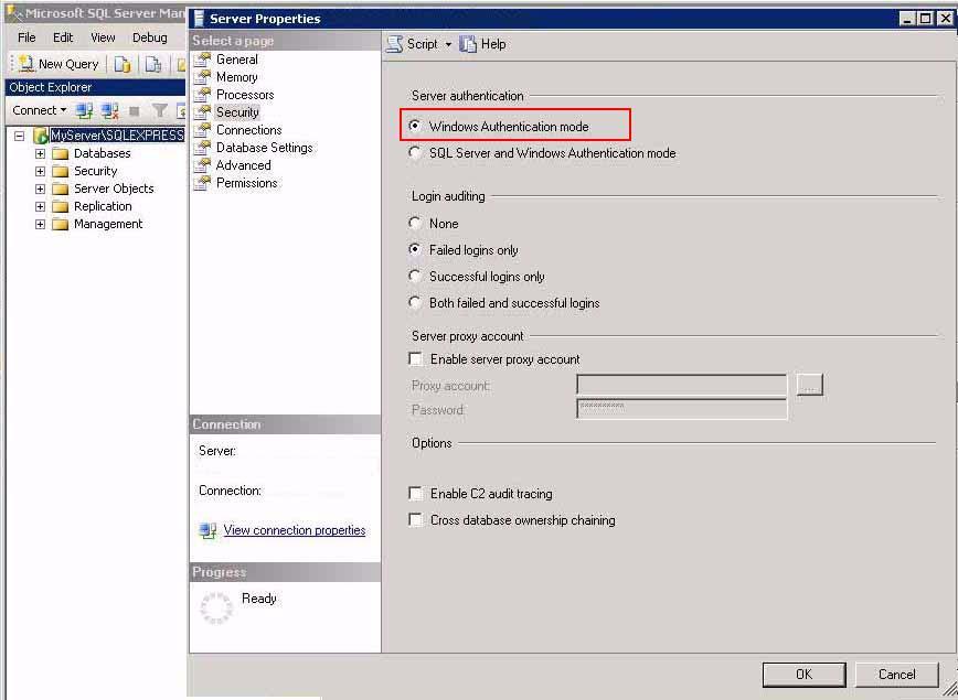 3. Enable Windows Authentication mode in SQL Express.