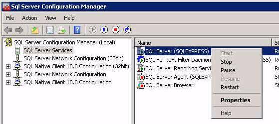 9. Right-click SQL Server (SQLEXPRESS) in the right pane and select Restart. 10.