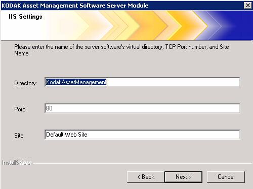 The Virtual IIS Directory screen will be displayed. 8. Click Next.