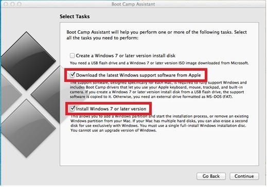 Installing Windows on Mac Running Boot Camp Assistant On the Select Tasks screen, check "Download the
