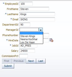 The second example uses the autosubmit functionality on an input text field to reduce the list of employees shown in the select one choice component.