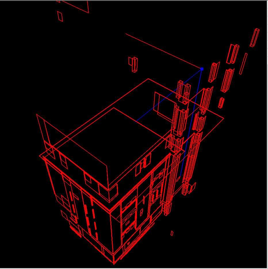 (b) Axes-aligned bounding boxes of planar areas with respect to the coordinate system that conforms to the building structure (shown in red).