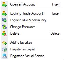 Accounts The "Accounts" group includes the list of open accounts. Using a context menu, you can open a new demo account or delete the old one.