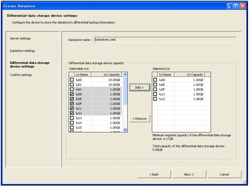 Figure 3-3 "Differential-data storage device settings" page of the Create Datastore window Table 3-4 Information that is displayed or can be specified on the "Differential-data storage device