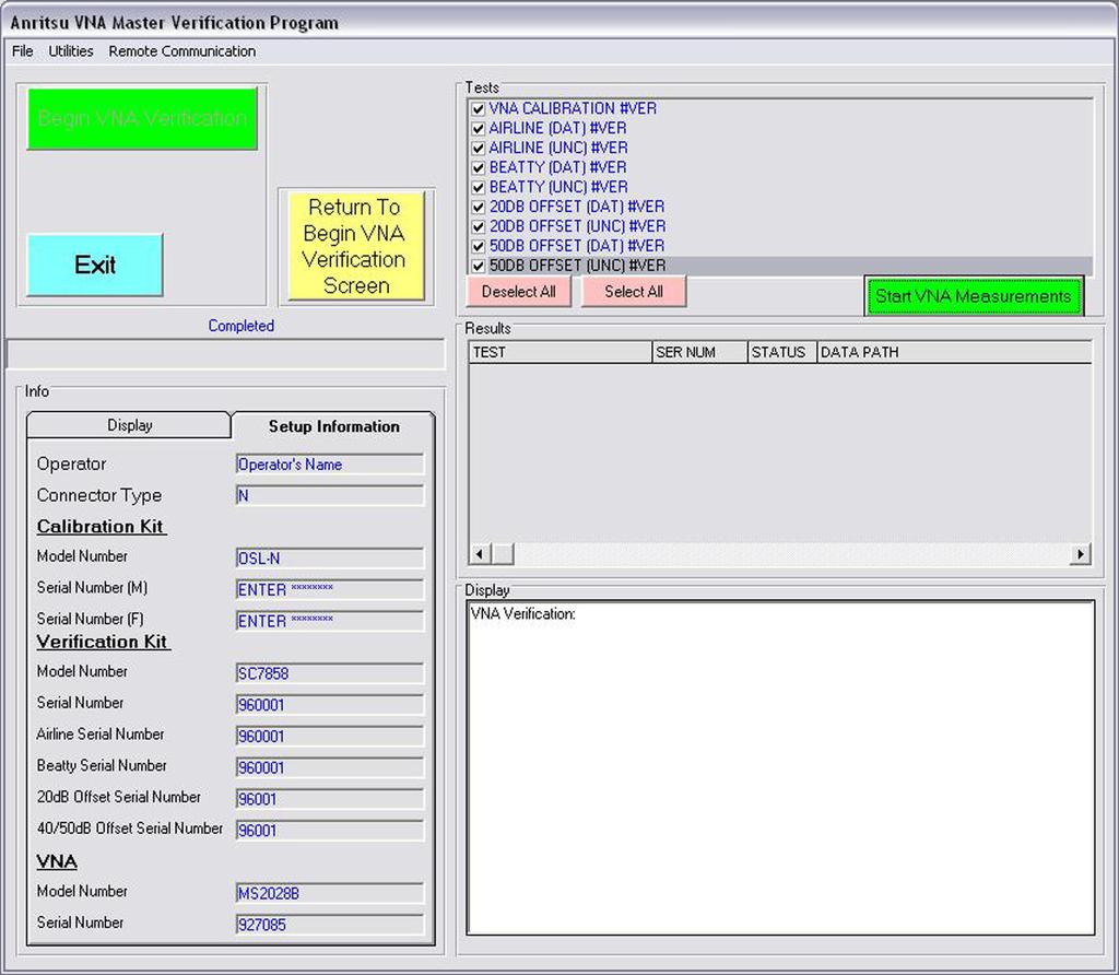1-6 User Interface Operation 1-6 User Interface Operation Double-click the VNA Verification Software desktop icon to launch the System Verification Software Application.