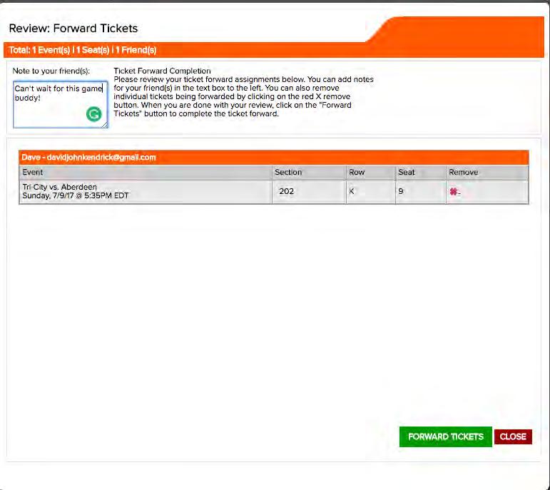 On the Review: Forward Tickets screen, add a message to your friend if desired, review the ticket information for accuracy, and then click Forward
