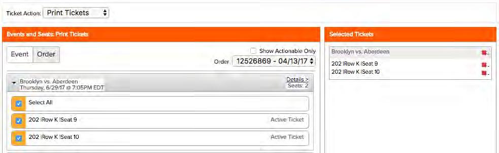 Print Tickets MyTickets allows you to print active tickets from your inventory. To print tickets, first select Print Tickets from the Ticket Action dropdown menu.