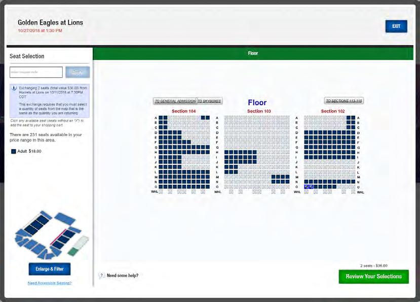 A review frame on the left displays details for the tickets being returned. Click the section on the map to see availability and select seats in that section.