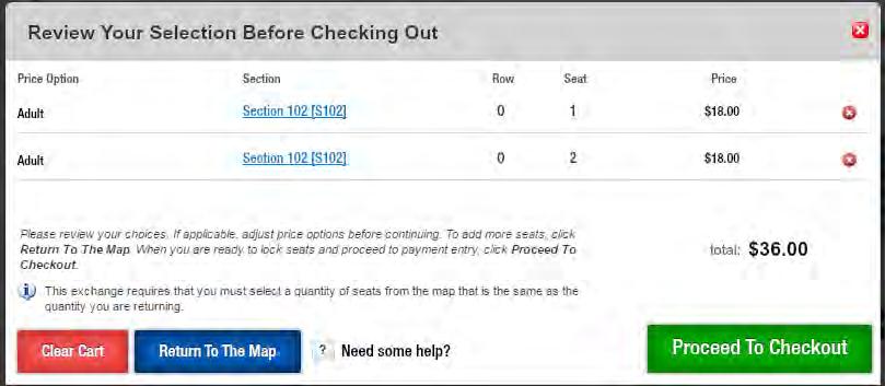 The Shopping Cart includes an "Original Event" section which displays details for the tickets selected for the Exchange