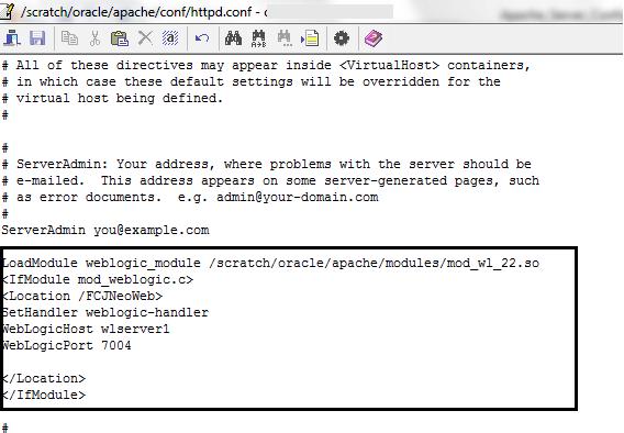 4. Modify the http.conf file to include the weblogic server details a.