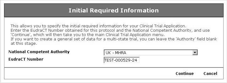 Fig. 25 CT Initial Required Information Note: If a CT Application has already been started then the link Create New Clinical Trial Application provides the option to Create New Application or to Use
