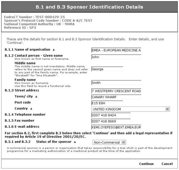 2. Click the link to add sponsor and the Sponsor Identification details screen appears. Fig. 32 B.1 and B.3 Sponsor Identification details 3.