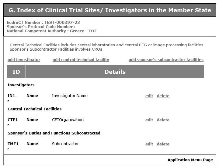 Fig. 77 G. Index of Clinical Trial Sites one investigator, one CTF and one Subcontractor added 13. From this screen the following options can be taken. 1. The options for adding, editing and deleting investigators described in step 5.