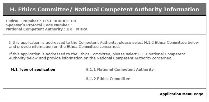 Fig. 78 H. Ethics Committee / MS Competent Authority Information 2. Click the link H.1.