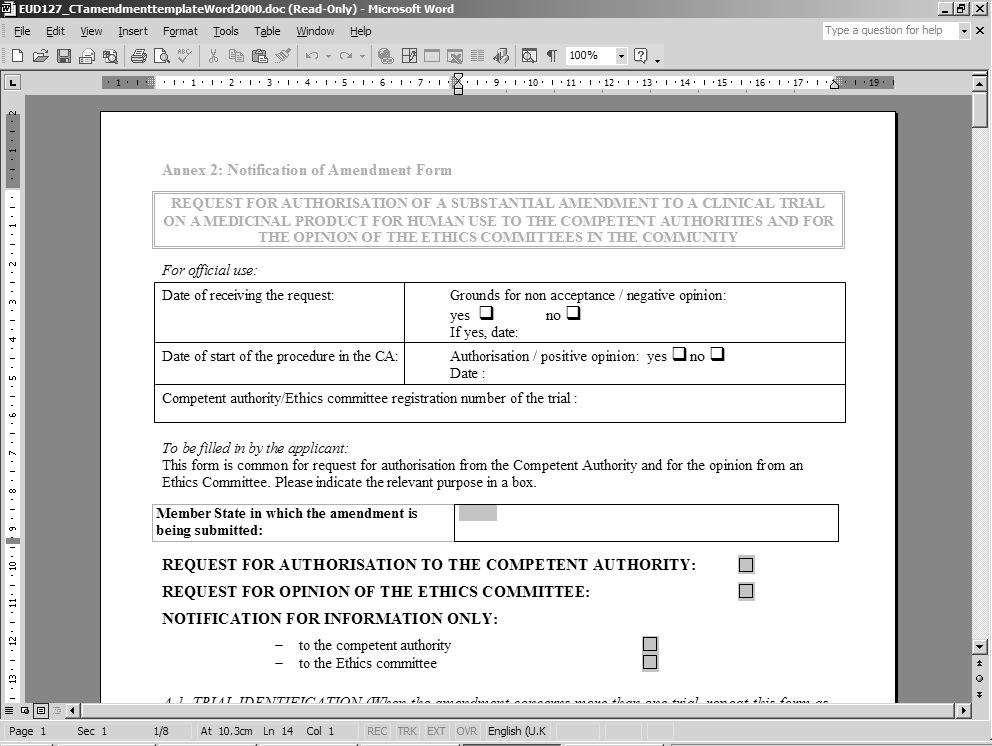 3. The Word template can be opened and then saved using the standard Windows menu File/Save As or saved directly to the PC or network (See Fig. 96.). 4. This form is a Microsoft Word template.