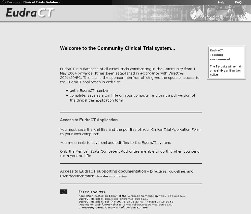 4.2 The EudraCT Home Page Fig. 1 EudraCT Home Page The EudraCT Home page has the following links. Access to EudraCT Application This is the link to the EudraCT system.