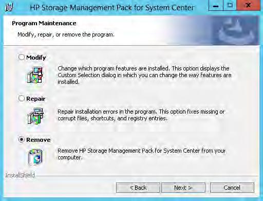 3. Click Remove HP Storage Management Pack for System Center