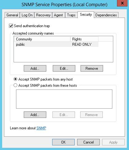 The SNMP Service Properties window is displayed. 8.