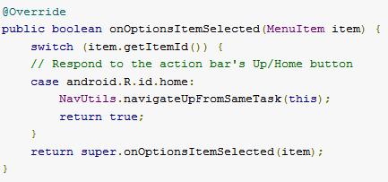 Specifying Up Button Behavior Adding Up Action, in oncreate