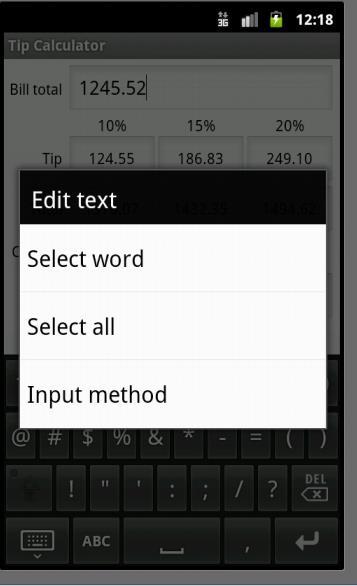 ContextMenu From Tip Calculator Long press on total amount EditText
