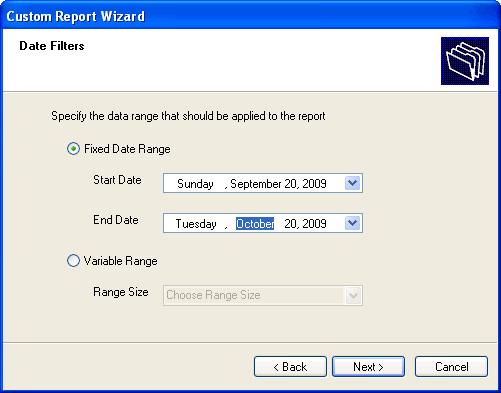 Screenshot 10 Selecting the date range options 4. Select the date range on which to base the custom report and click Next to continue setup.