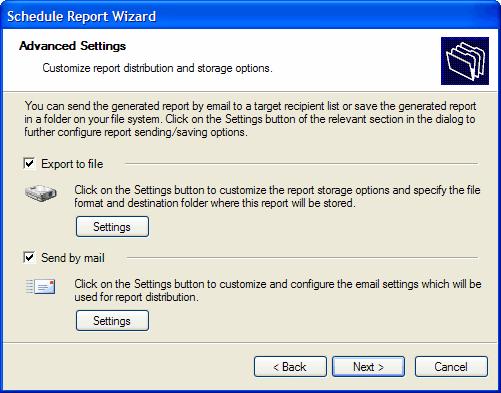 Screenshot 15 Report Scheduling Wizard: Advanced Settings dialog 5. To export the generated report to file, select the Export to file checkbox.