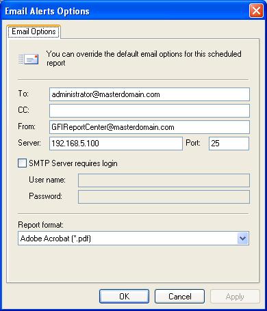 5.3.2 Configuring report emailing options To configure the report emailing options of a scheduled report do as follows: Screenshot 21 - Advanced Settings dialog: Send by email settings button 1.
