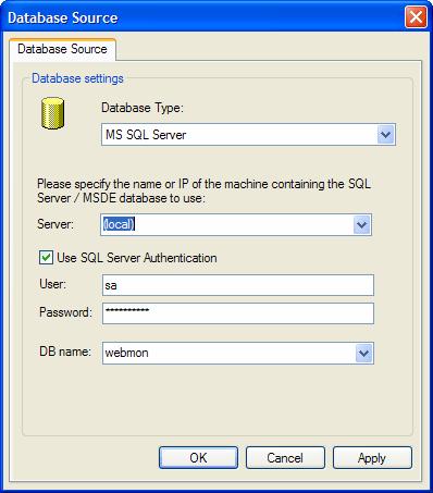Screenshot 27 - Database source configuration dialog 3. Select the database type (e.g. MS SQL Server) from the provided list of supported databases.