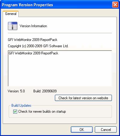 Screenshot 31 - Version Properties: Check for newer builds dialog 1. Select the respective product (for example, GFI WebMonitor ReportPack) from the Product Selection drop down list. 2.