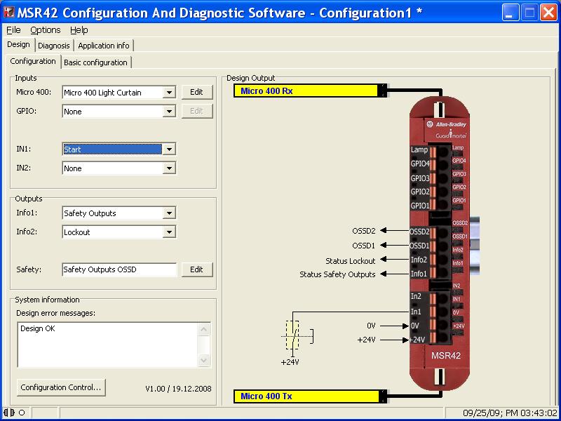 Chapter 1 Product Integration Notice that Micro 400 Light Curtains have been added to the Design Output diagram. 4. On the Configuration dialog box, select Start from the IN1 Inputs pull-down menu.