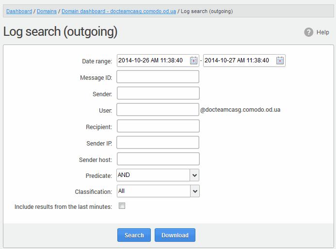 The 'Log Search (Outgoing)' interface