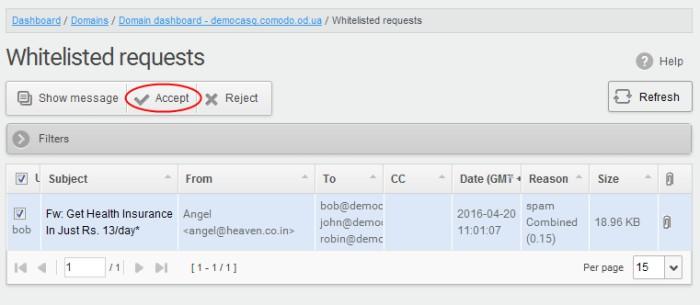To accept the whitelist request from users After viewing the details, you can choose to accept the request from user to add the sender to whitelist senders per user list.