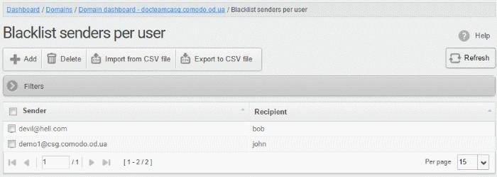 Importing senders from a CSV file Administrators can import a multiple senders at a time from a comma separated values (CSV) file to Sender blacklist per user.