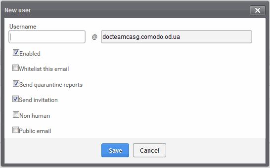 Enter the username of a new user that will be first part of the email address. For example, if you type 'alice', the email address of the user will be 'alice@domainname.com'.