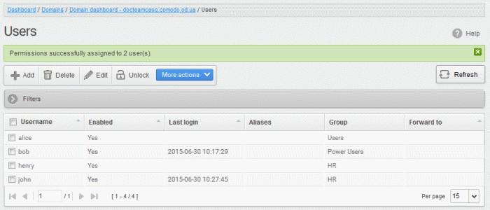 The interface also displays the new group assigned for the selected user under the 'Group' column.